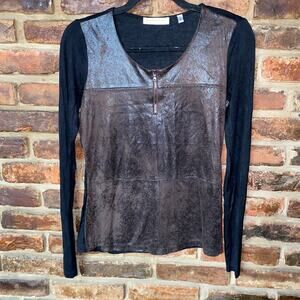 Patrizia Luca Milano Brown Coated Black Long Sleeve Zip Blouse Womens Size Small